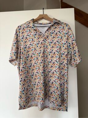 Johnston & Murphy White Polo with Red, Blue, Yellow & Green Leaf Print